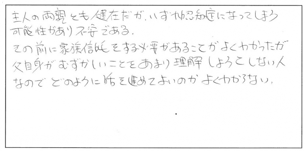 主人の両親とも健在だが、いずれ認知症になってしまう可能性があり不安である。その前に家族信託をする必要があることがよくわかったが、父自身が難しいことをあまり理解しようとしない人なので、どのように話を進めてよいのかよくわからない。