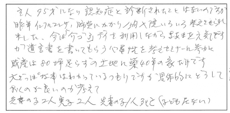 主人95歳になり認知症と診断されたことはないのですが、昨年インフルエンザ、肺炎にかかり1か月入院、色々考えさせられました。今は「介護3」デイを利用しながらまあまあ元気ですが、遺言書を書いてもらう必要性を考えセミナーに参加。財産は80坪足らずの土地に築40年の家だけです。大ざっぱな事はわかっているつもりですが具体的にどうしておくのが良いか考えて。先妻の子二人、実子二人、先妻の子1人死亡（子どもいない