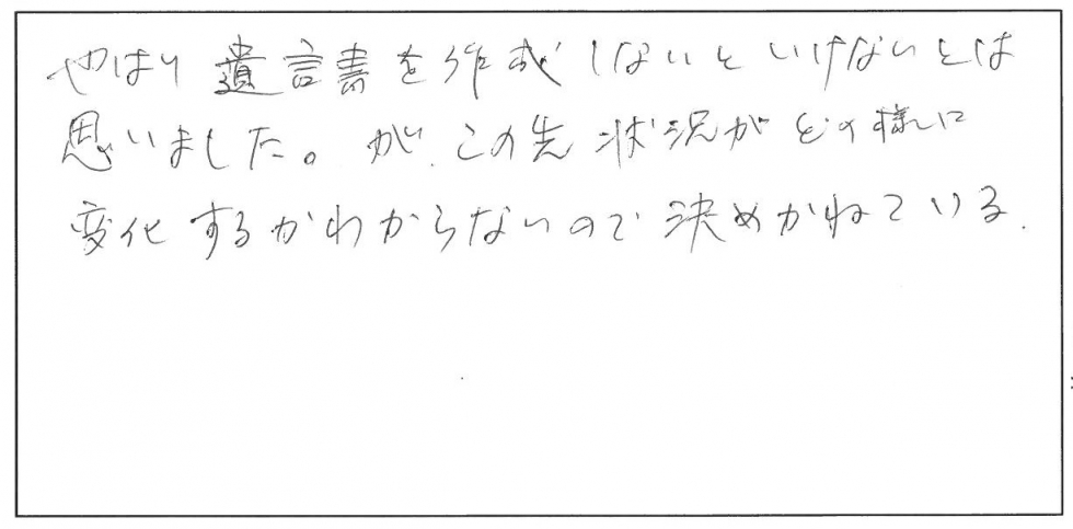 やはり遺言書を作成しないといけないとは思いました。が、この先、状況がどの様に変化するかわからないので決めかねている。