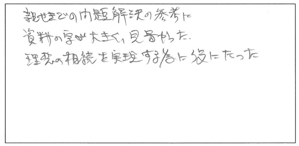 親せきでの問題解決の参考に。資料の字が大きく見やすかった。理想の相続を実現するために参考になった。